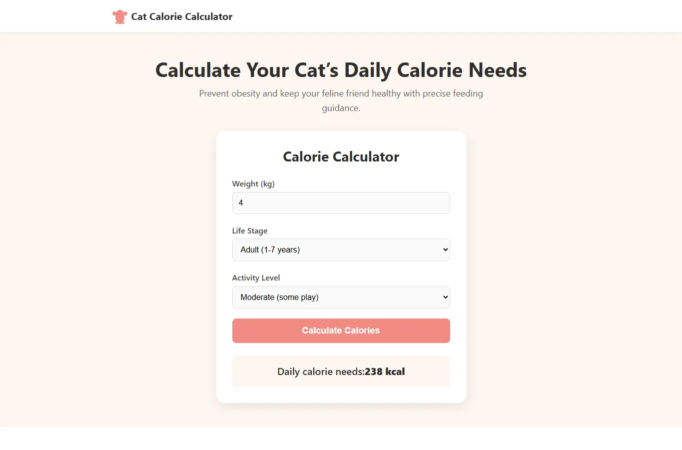 Screenshot of Cat Calorie Calculator – Daily Feeding Guide interface showing the project page in use